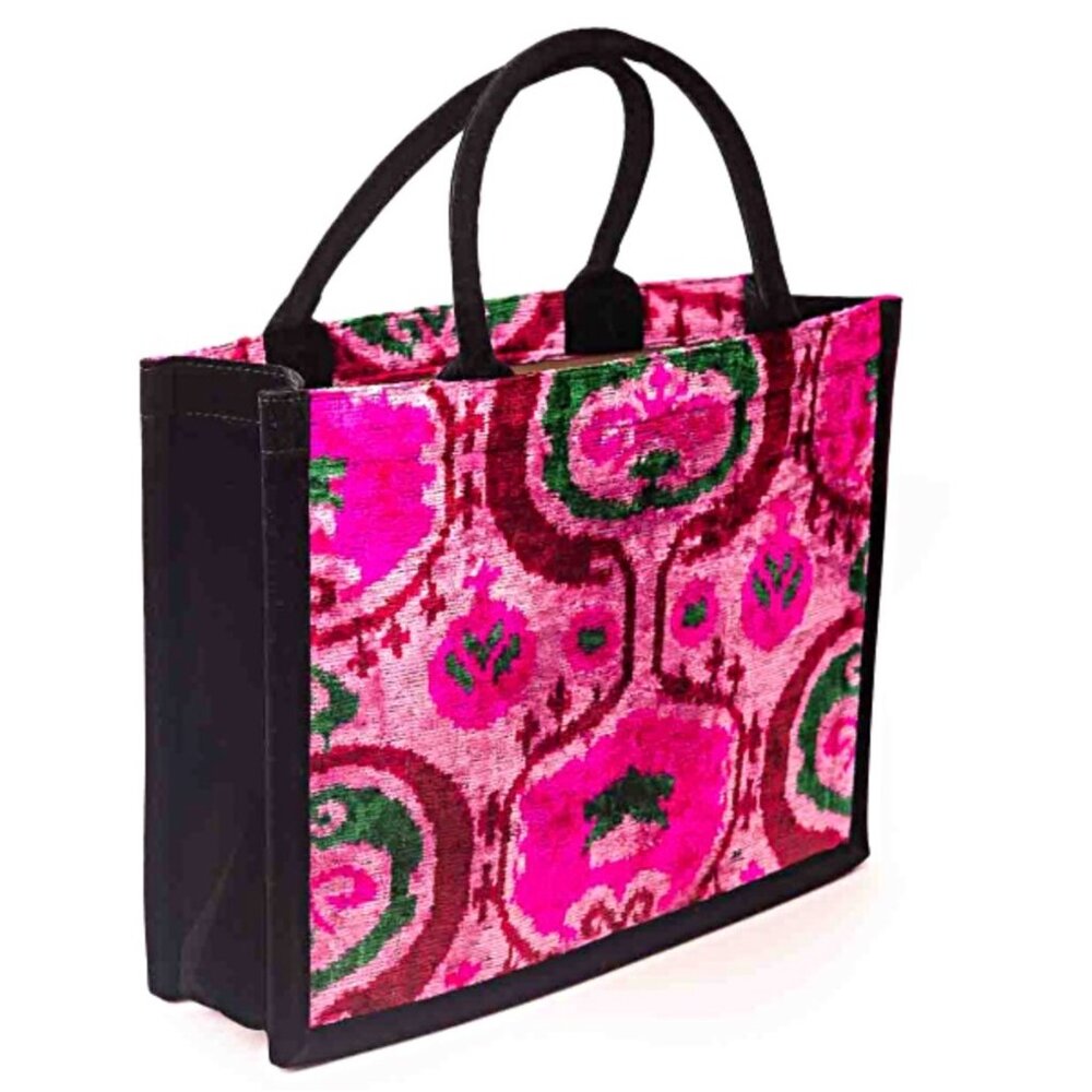 NEW Ikat Vibrant Pink & Green Velvet Tote Bag Laptop Bag